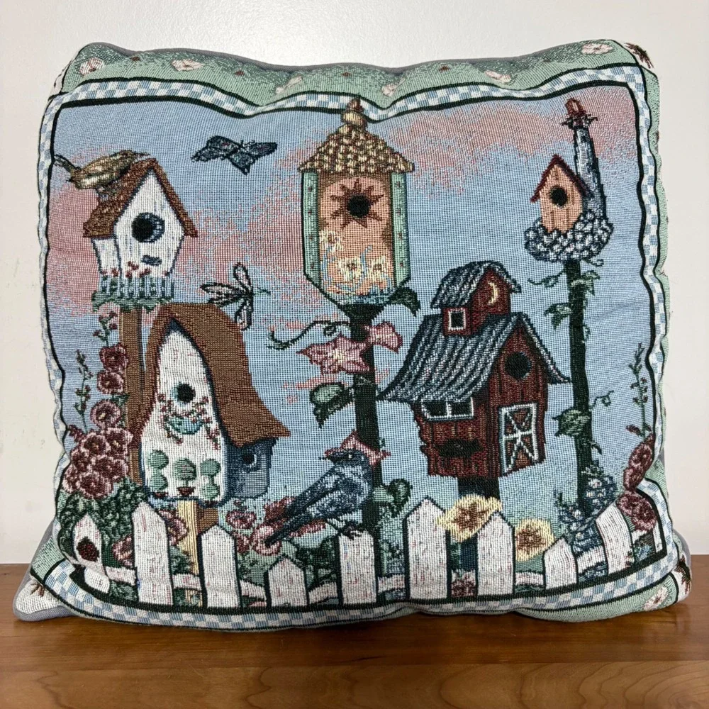 Vintage Woven Tapestry Birdhouse Throw Pillow Garden Cottagecore Blue 16x15